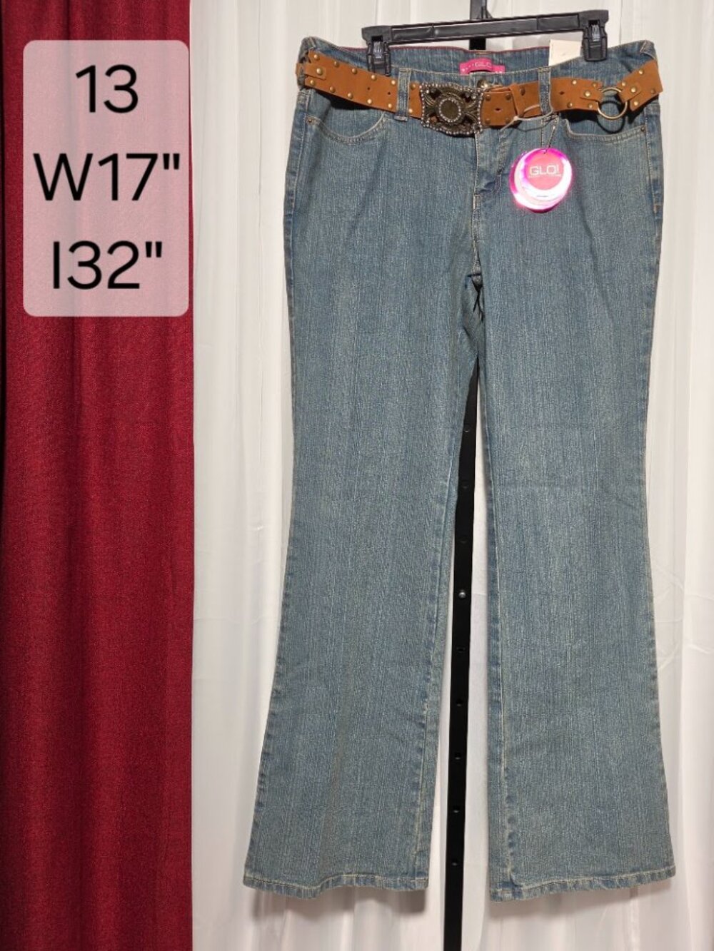 NWT Glo Jeans Y2K Embellished Bootcut Denim Pants + Belt Size 13